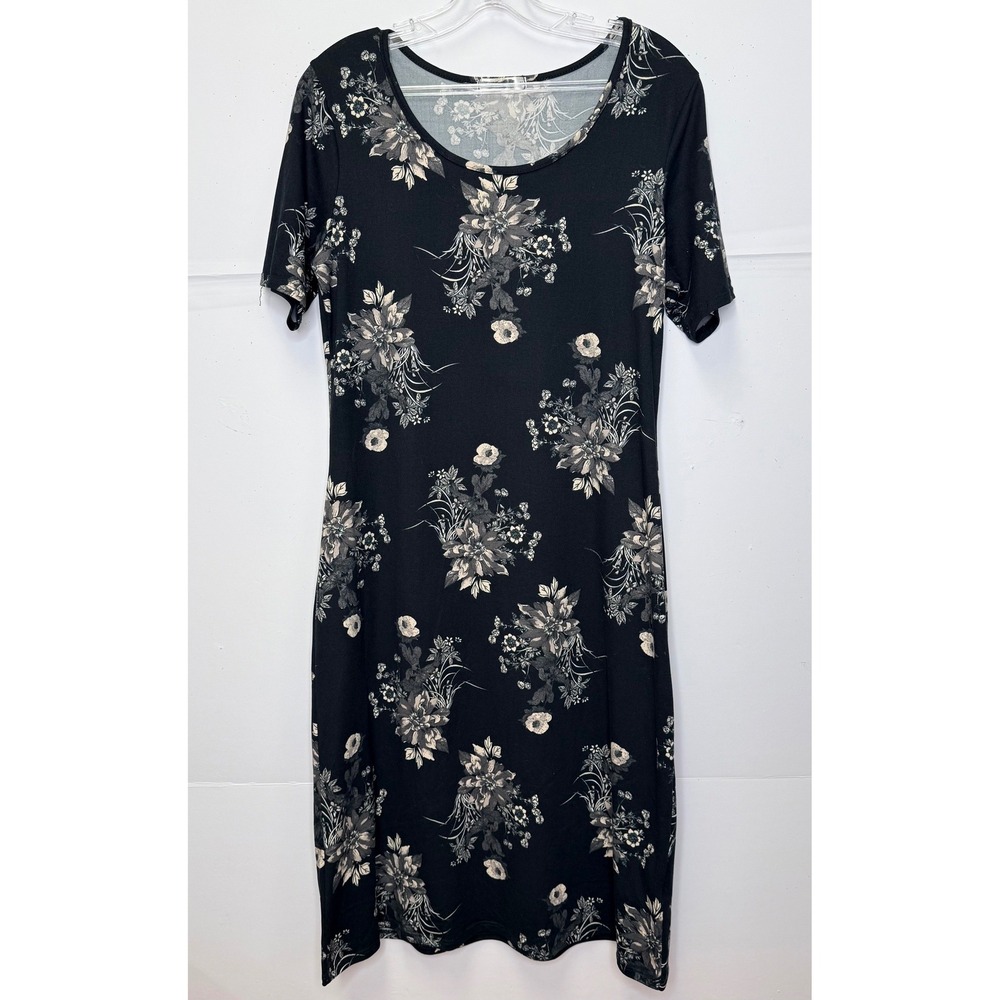 Honey & Lace Floral Sheath Jersey Dress Women M Black Short Sleeve Office Modest